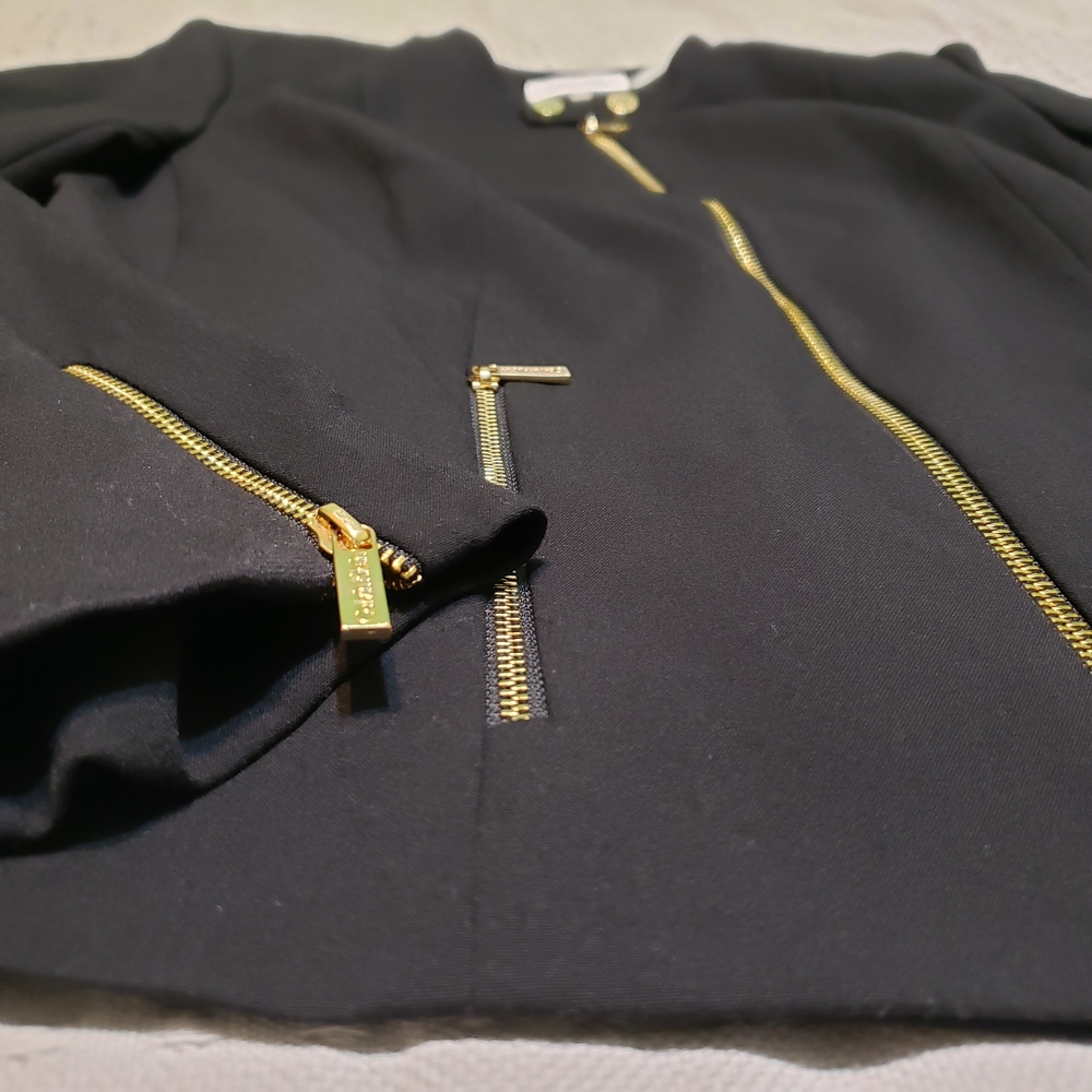 Calvin Klein Black Collarless Zip-Front Blazer Jacket with Gold Hardware Size 10 - Picture 4 of 12